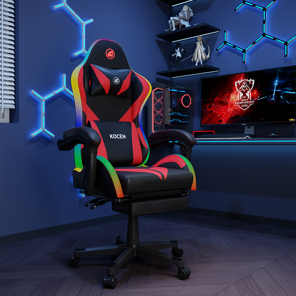 Gaming-Stuhl aus PU-Lederstoff, E-Sport-Stuhl mit mehrfarbigen, verstellbaren RGB-Lichtern, USB-betrieben, Fernbedienung