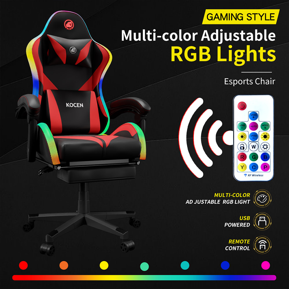 Gaming-Stuhl aus PU-Lederstoff, E-Sport-Stuhl mit mehrfarbigen, verstellbaren RGB-Lichtern, USB-betrieben, Fernbedienung