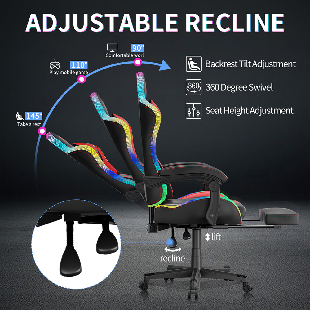 Gaming-Stuhl aus PU-Lederstoff, E-Sport-Stuhl mit mehrfarbigen, verstellbaren RGB-Lichtern, USB-betrieben, Fernbedienung