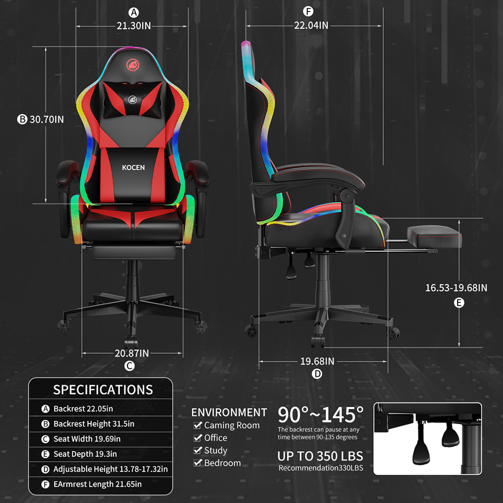 Gaming-Stuhl aus PU-Lederstoff, E-Sport-Stuhl mit mehrfarbigen, verstellbaren RGB-Lichtern, USB-betrieben, Fernbedienung