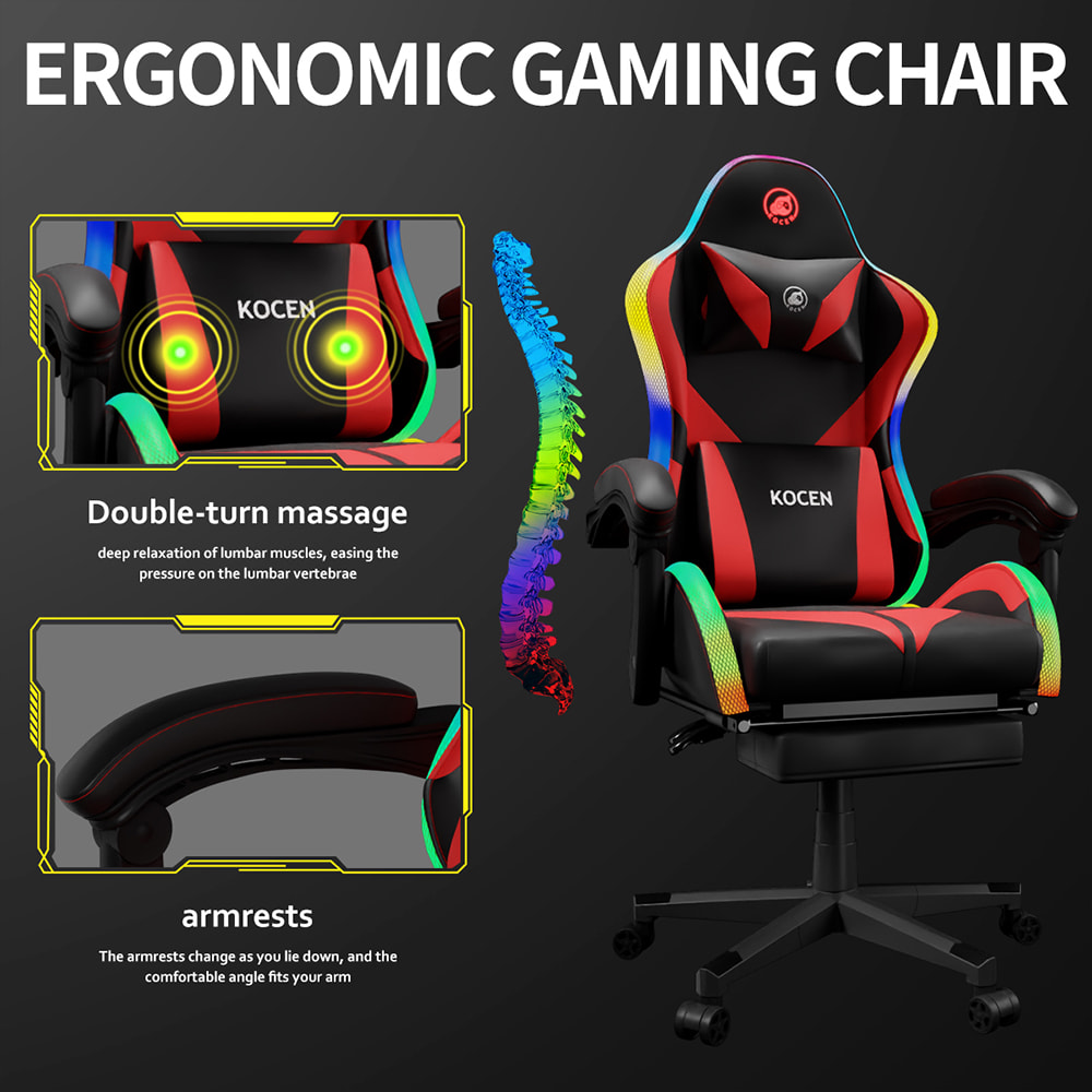 Gaming-Stuhl aus PU-Lederstoff, E-Sport-Stuhl mit mehrfarbigen, verstellbaren RGB-Lichtern, USB-betrieben, Fernbedienung